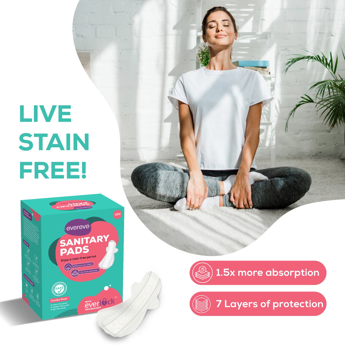 Evereve Ultra Thin Rash Free Cotton Sanitary Pads combo, , 12's Pack