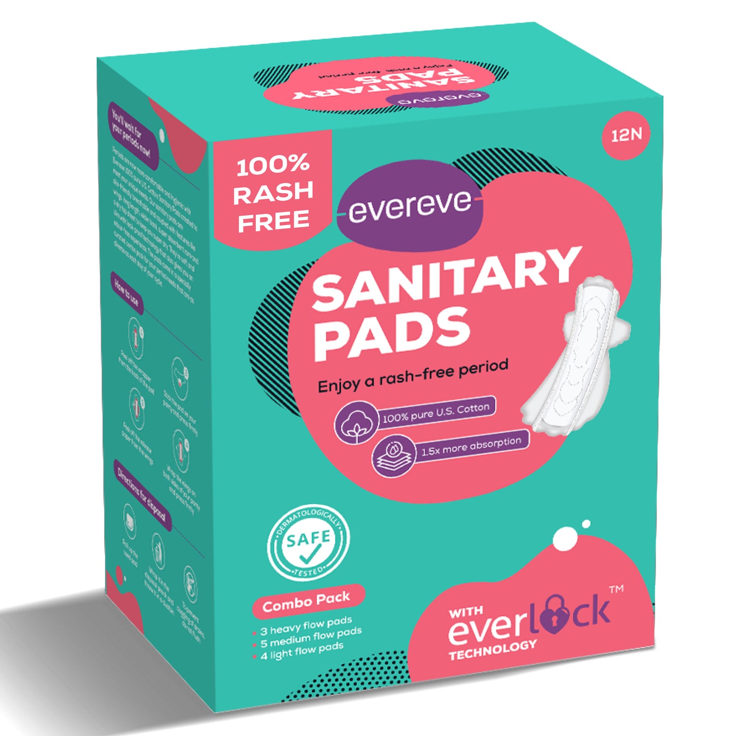 Evereve Ultra Thin Rash Free Cotton Sanitary Pads combo, , 12's Pack
