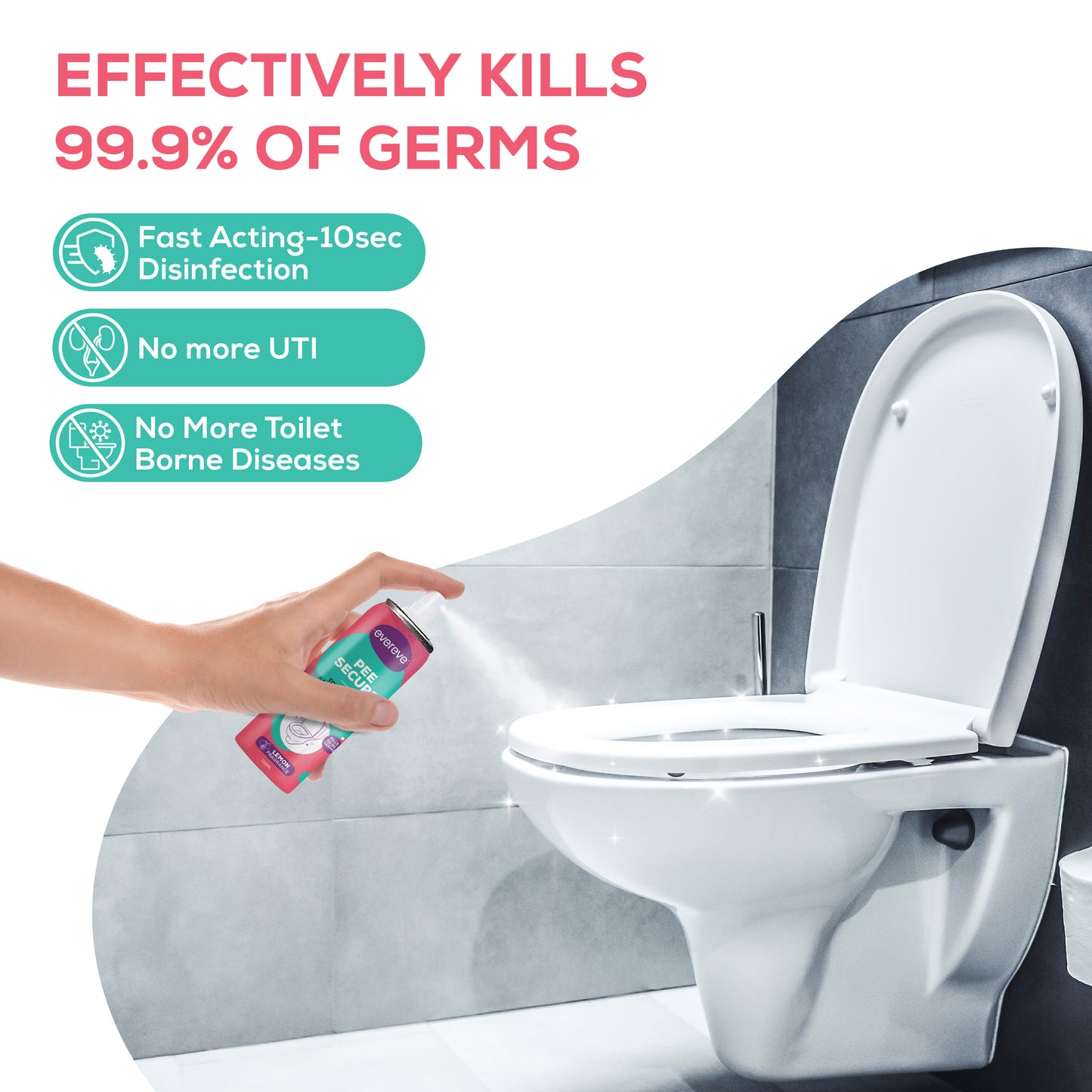 Evereve Pee Secure Lemon Flavour Toilet Seat Sanitizer Spray, 100ml, 1 Pc