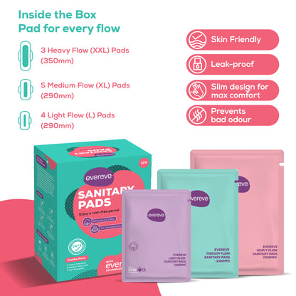 Evereve Ultra Thin Rash Free Cotton Sanitary Pads combo, , 12's Pack