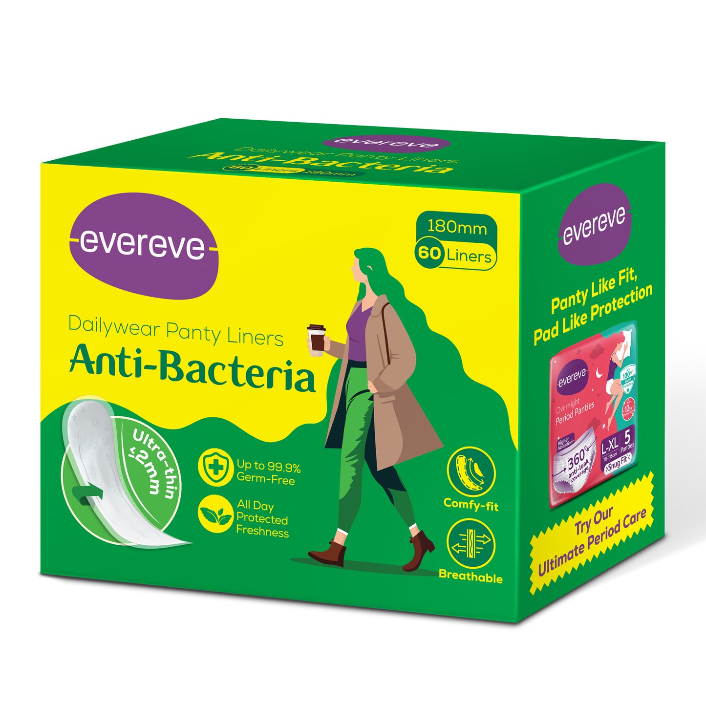 Evereve Anti-Bacterial Panty Liners for Women, 180mm Pack of 60
